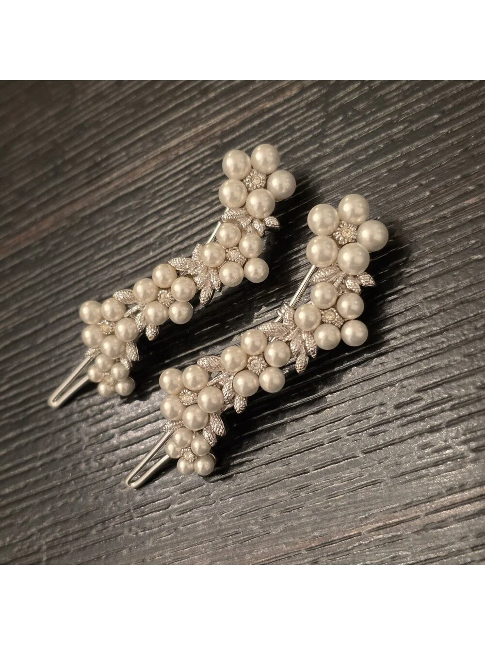 Vintage Faux Pearl Rhinestone Floral French Snap Hair Clips Silver Tone Pair EUC
